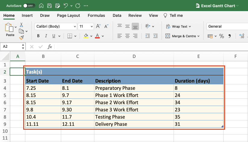 在 Excel 表格中列出你的專案進度表